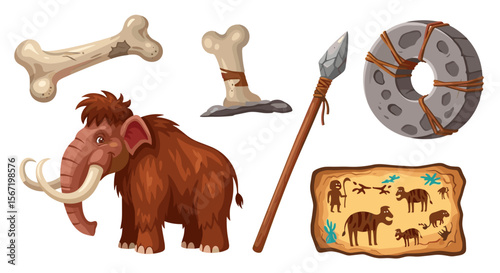 Illustration of prehistoric elements including a mammoth bones spear stone wheel and cave painting