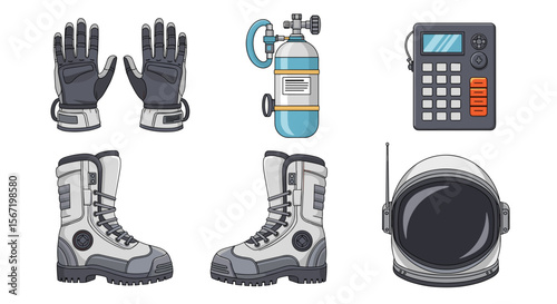 Illustration showcasing astronaut equipment including gloves, tank, remote, boots and helmet