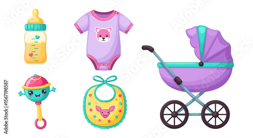 Illustration of baby essentials including a bottle, onesie, rattle, bib and a stroller item set