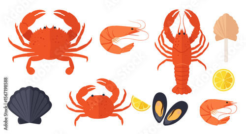 Illustration of various seafood items including crabs, shrimp, lobster, and shellfish arrayed nicely