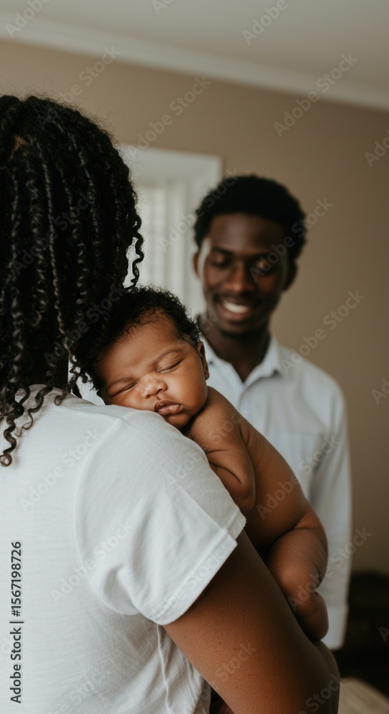 Obraz premium African american mother holds her sleeping newborn baby with father in background