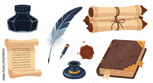 Illustration of a collection of writing tools including ink, quill, scrolls and a book image