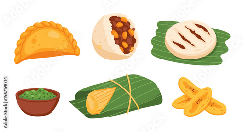 Illustration of various traditional venezuelan dishes including empanadas arepas and hallacas