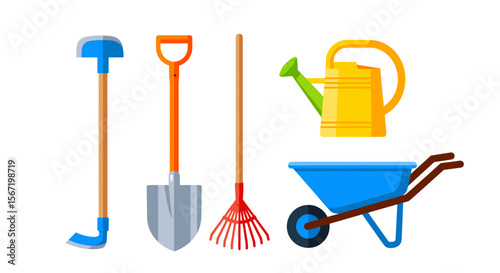 Illustration of gardening tools including a hoe, shovel, rake, watering can, and wheelbarrow
