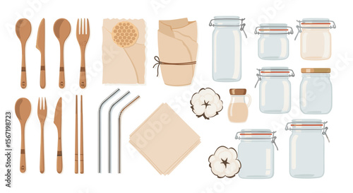 Illustration of reusable kitchen items including cutlery, straws, jars, and cloth napkins laid out