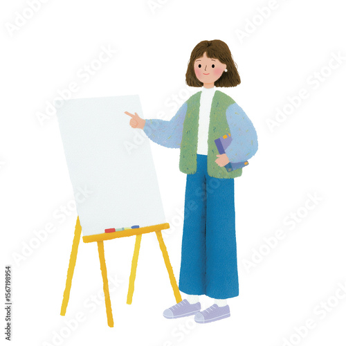 Inspiring Teacher with Display: A cheerful teacher presents a blank display board, a book in hand, inviting a learning environment with focus on inspiration and education.