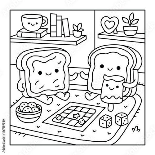 Kawaii Toast Friends Coloring Page – Cute Bread Characters Playing Board Games, Cozy Indoor Scene, Fun Printable for Kids and Families