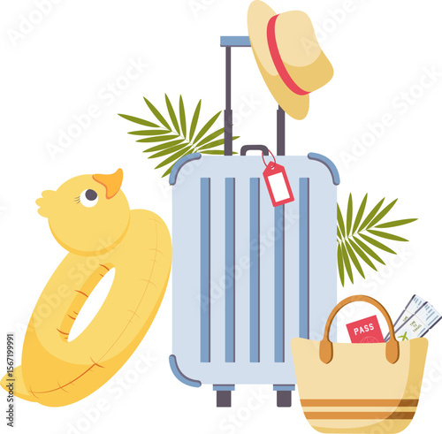 Suitcase with inflatable duck and beach bag. Summer vacation. Travel time concept. Hand drawn simple vector illustration.