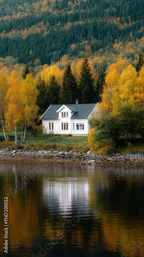 A house with white windows sits by a lake in Norway. Surrounding the water are yellow trees