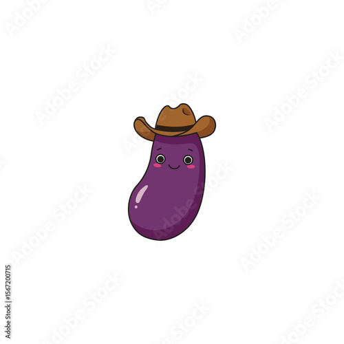 An icon of a cute cartoon purple eggplant wearing a brown cowboy hat, giving it a rustic or adventurous feel.