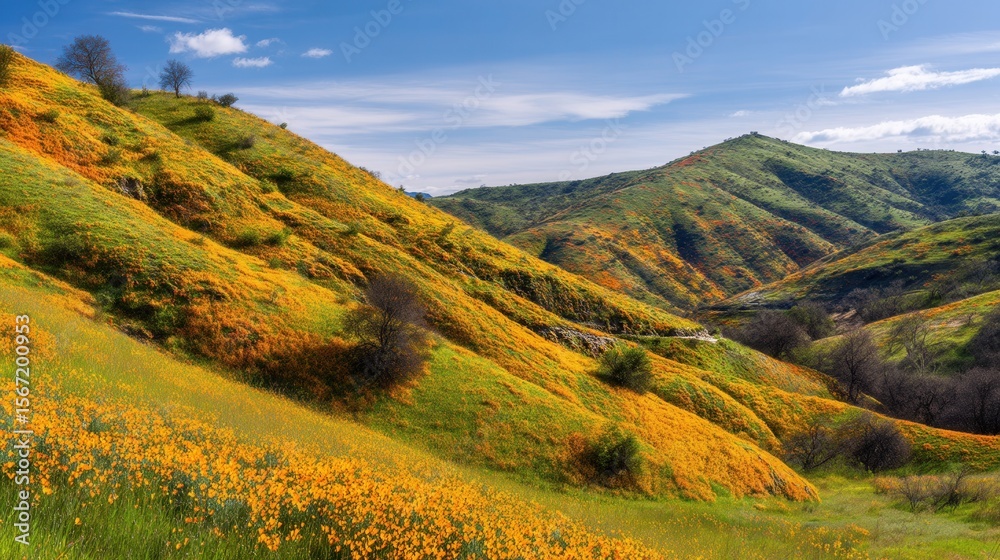 Naklejka premium California poppy fields bloom on rolling hills under a blue sky