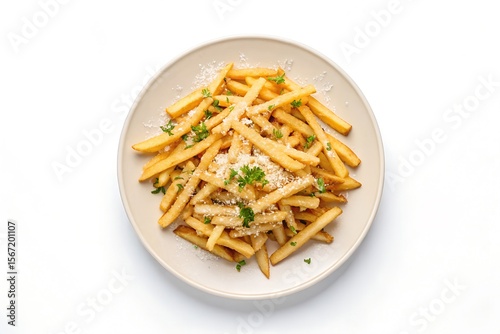 Delicious Golden French Fries with Parmesan Cheese and Parsley on a Beige Plate