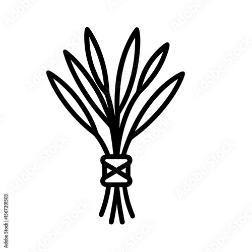 Bundle of sacred herbs tied with string in simple line art style  