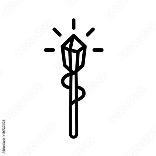 Stylized magic wand with crystal and rays symbolizing wiccan and pagan traditions  