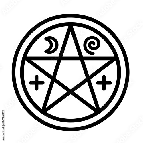 Wiccan symbol featuring a pentagram and celestial elements  