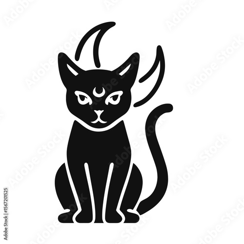 Black cat silhouette with mystical symbols representing wiccan symbols, pagan symbols, celtic symbols  