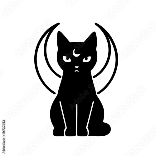 Black cat silhouette with crescent moon and wings for wiccan symbols, pagan symbols, celtic symbols  