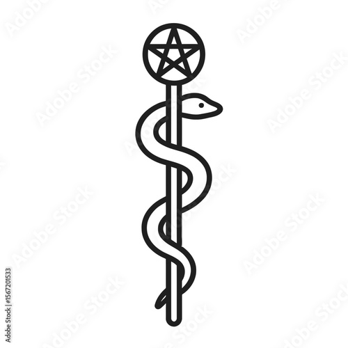 Serpent entwined around a staff with a pentagram symbolizing wiccan beliefs  