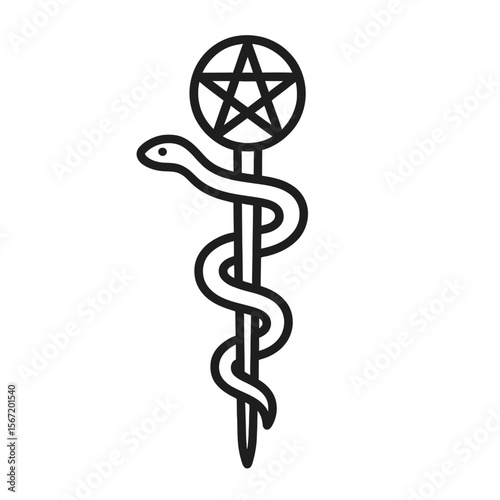 Snake entwined around a staff topped with a pentagram symbol, concept of wiccan symbols, pagan symbols, celtic symbols  