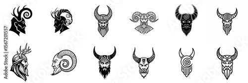 Horned God symbols in black and white artistic style designs  