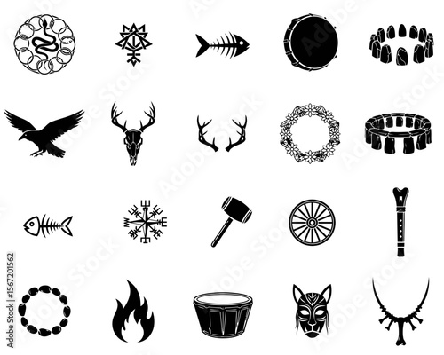 Black symbolic icons representing wiccan symbols, pagan symbols, celtic symbols  