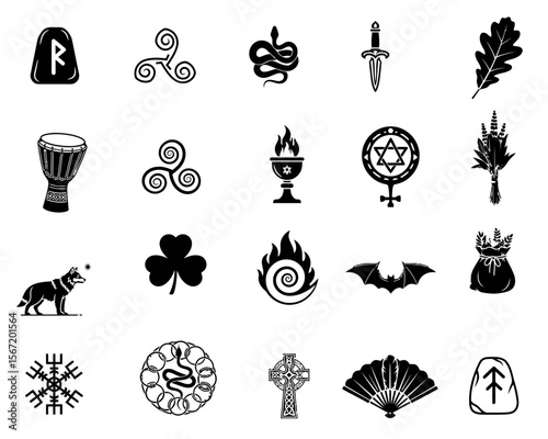 Various wiccan symbols, pagan symbols, celtic symbols in black silhouette  