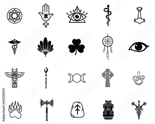 Various symbols representing wiccan, pagan, and celtic beliefs  