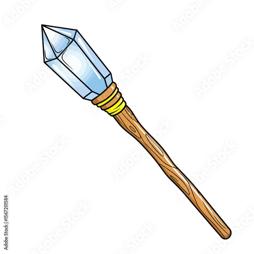 Crystal-tipped wand made of wood with yellow wrapping and intricate design  