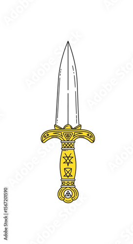 Golden ceremonial dagger with intricate designs and wiccan symbols  