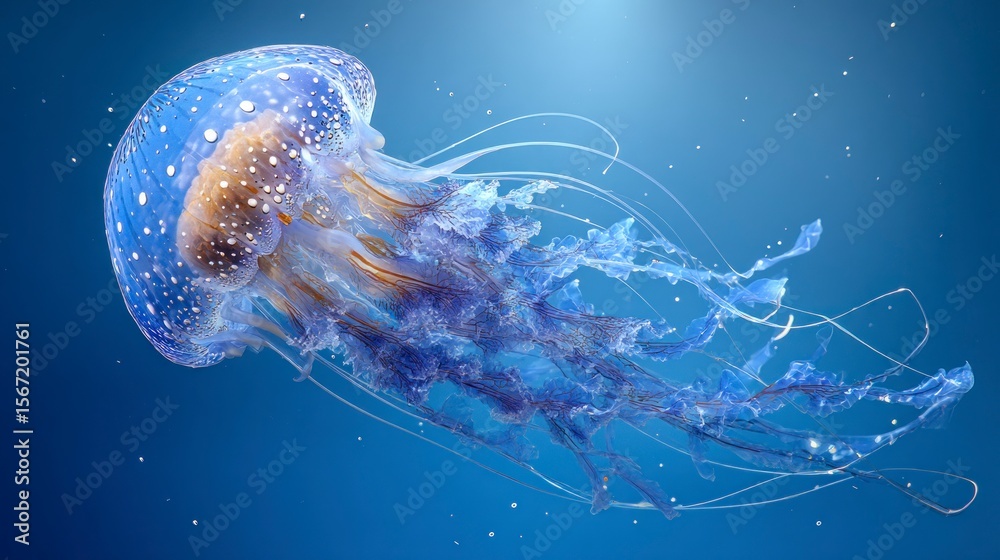 Fototapeta premium Glowing jellyfish in deep blue water