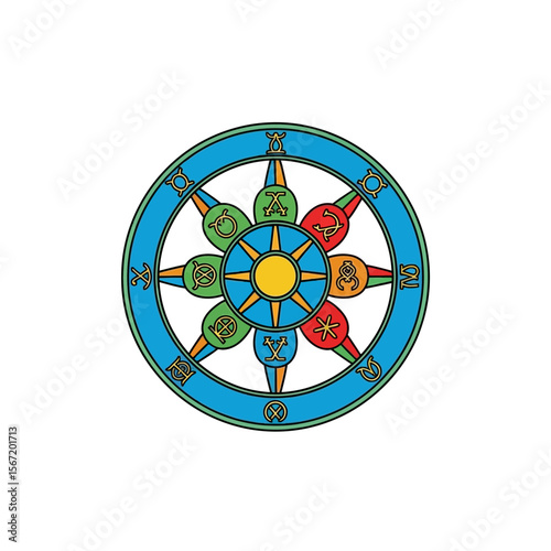 Colorful magic circle with wiccan symbols and pagan elements  