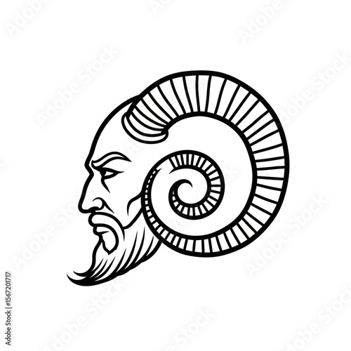 Illustration of Horned God with ram horns in black and white design, concept of wiccan symbols, pagan symbols, celtic symbols  