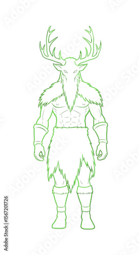 Illustration of a Horned God figure in green line art style  