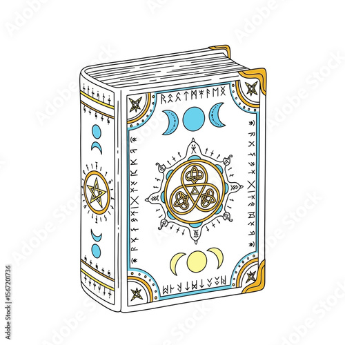 Illustrated grimoire with wiccan symbols, pagan symbols, celtic symbols  