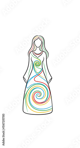 Woman in colorful dress with spiral patterns representing Moon goddess  