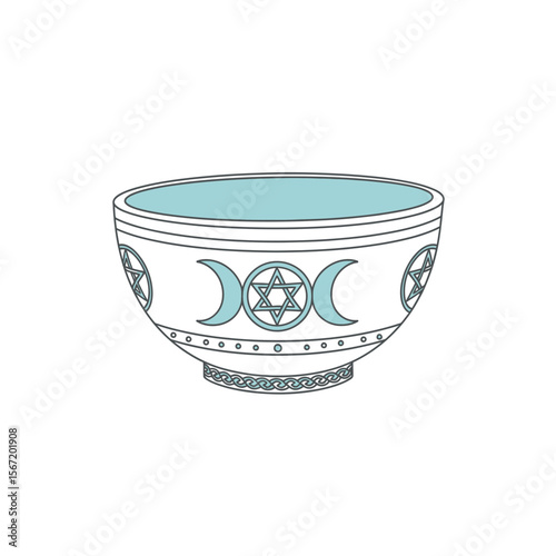 Decorative ritual cauldron with wiccan symbols and geometric designs  