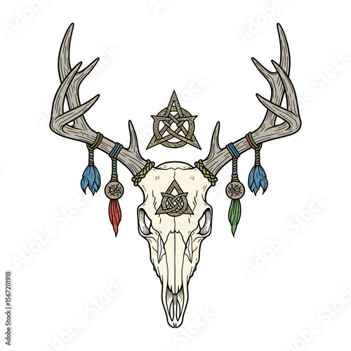 Deer skull with antlers adorned with wiccan symbols and feathers  