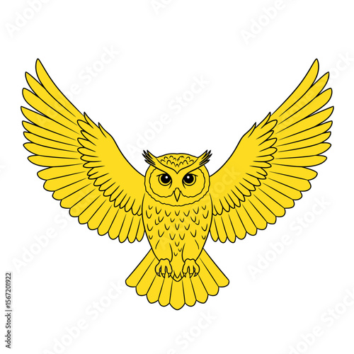 Yellow owl with outstretched wings representing wiccan symbols, pagan symbols, celtic symbols  