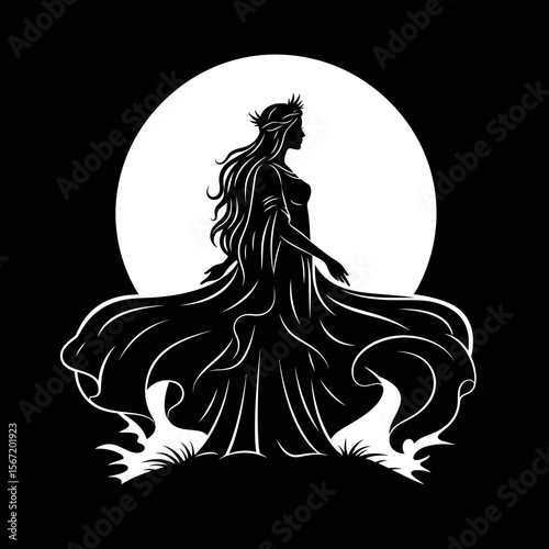 Silhouette of a moon goddess in flowing dress against full moon  