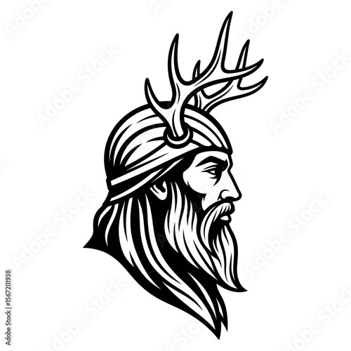 Horned God illustration with antlers and flowing beard in profile  