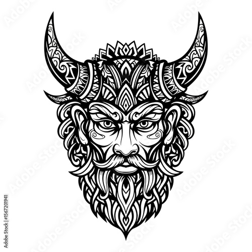 Horned God illustration with intricate patterns and detailed features  