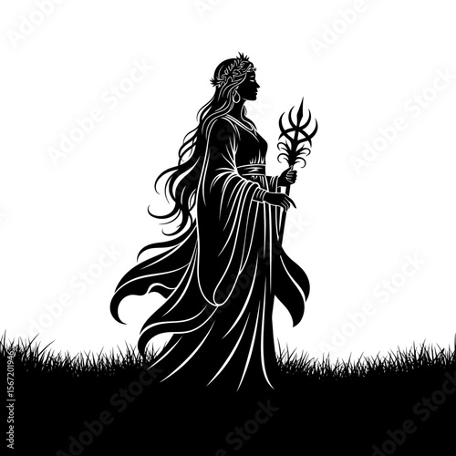 Woman holding a trident silhouette standing in grass with moon goddess concept  