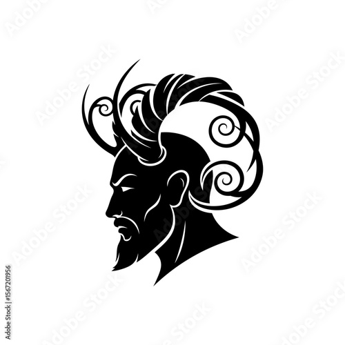 Horned God silhouette with intricate hair design representing nature and magic  