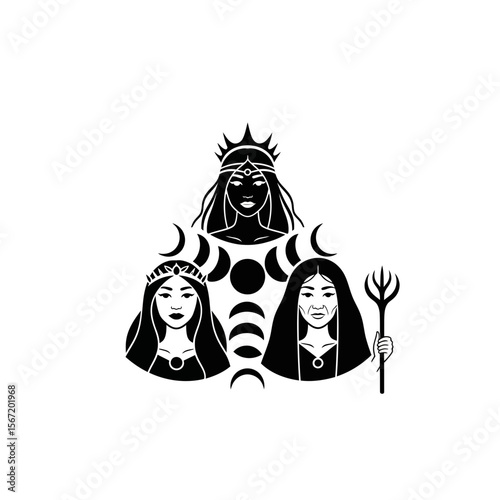 Three-faced goddess with moon symbols and wiccan symbols, pagan symbols, celtic symbols  