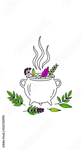 Cauldron with herbs and steam in a minimalist style representing wiccan symbols, pagan symbols, celtic symbols  