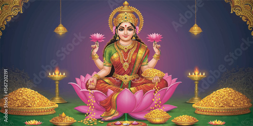 Lakshmi Goddess Vector Illustration on Lotus with Gold Coins
