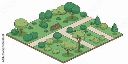 Clean and colorful vector illustration of a landscaped garden with trees, shrubs, grass, and decorative paths