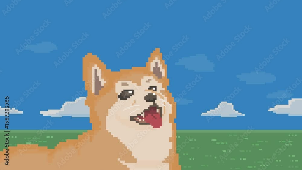 Pixel art, happy Shiba Inu with tongue out, blue sky and grassland background (endless)