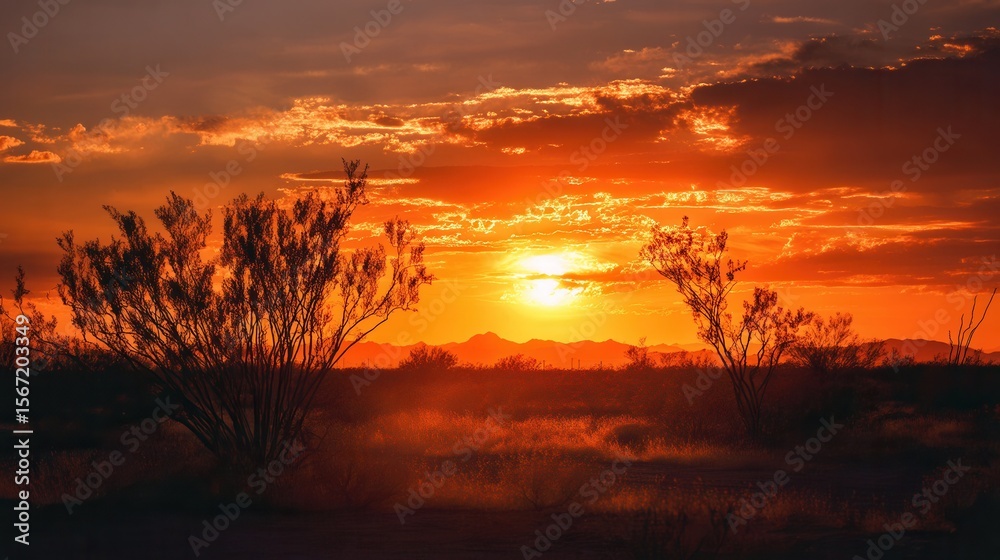 Naklejka premium The sun sets over the desert landscape, casting a warm glow