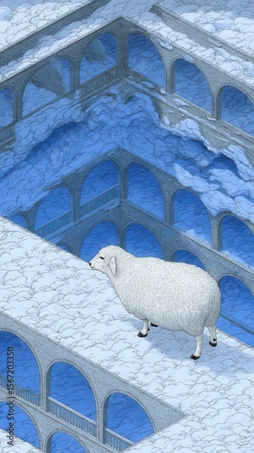 Sheep in an abstract architectural maze